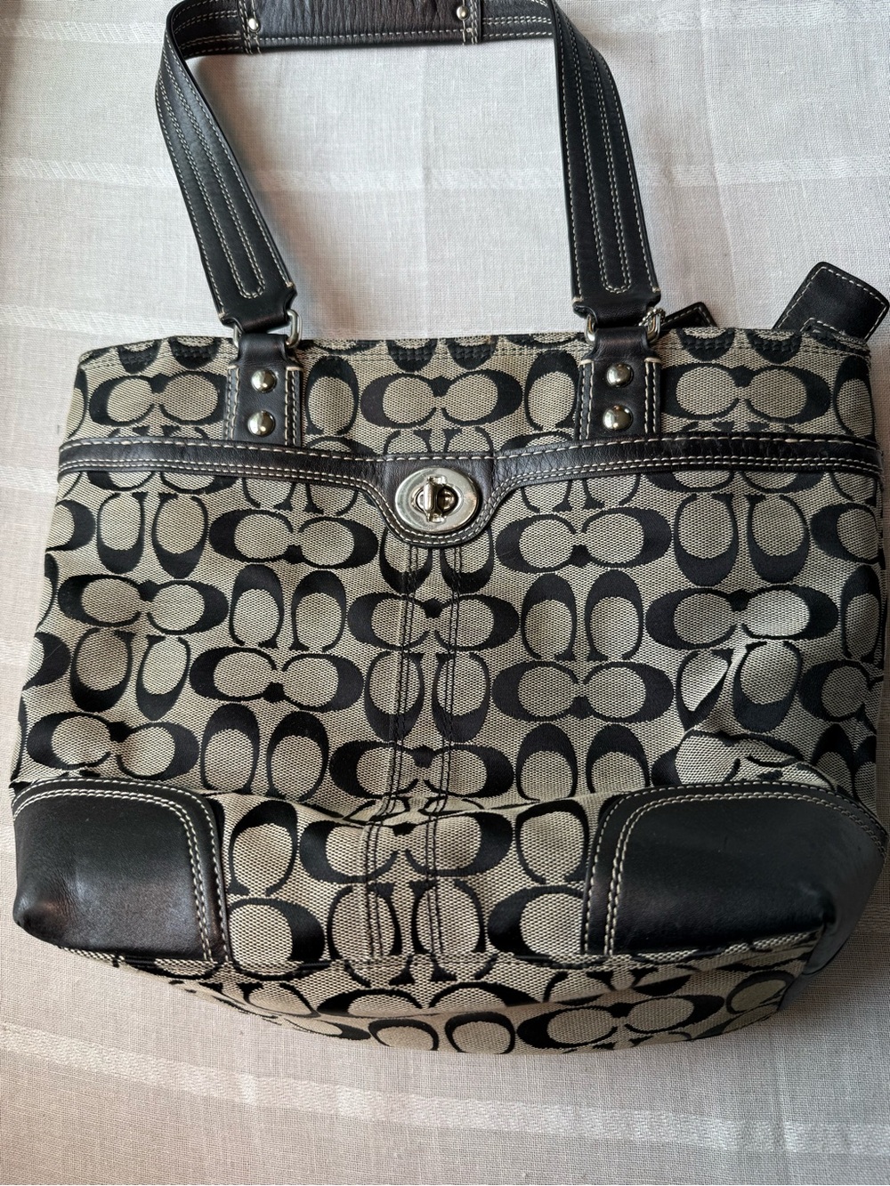 Coach Khaki and Black Signature Canvas Tote